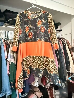 Women's Asymmetrical Floral & Leopard Patchwork Blouse with skirt